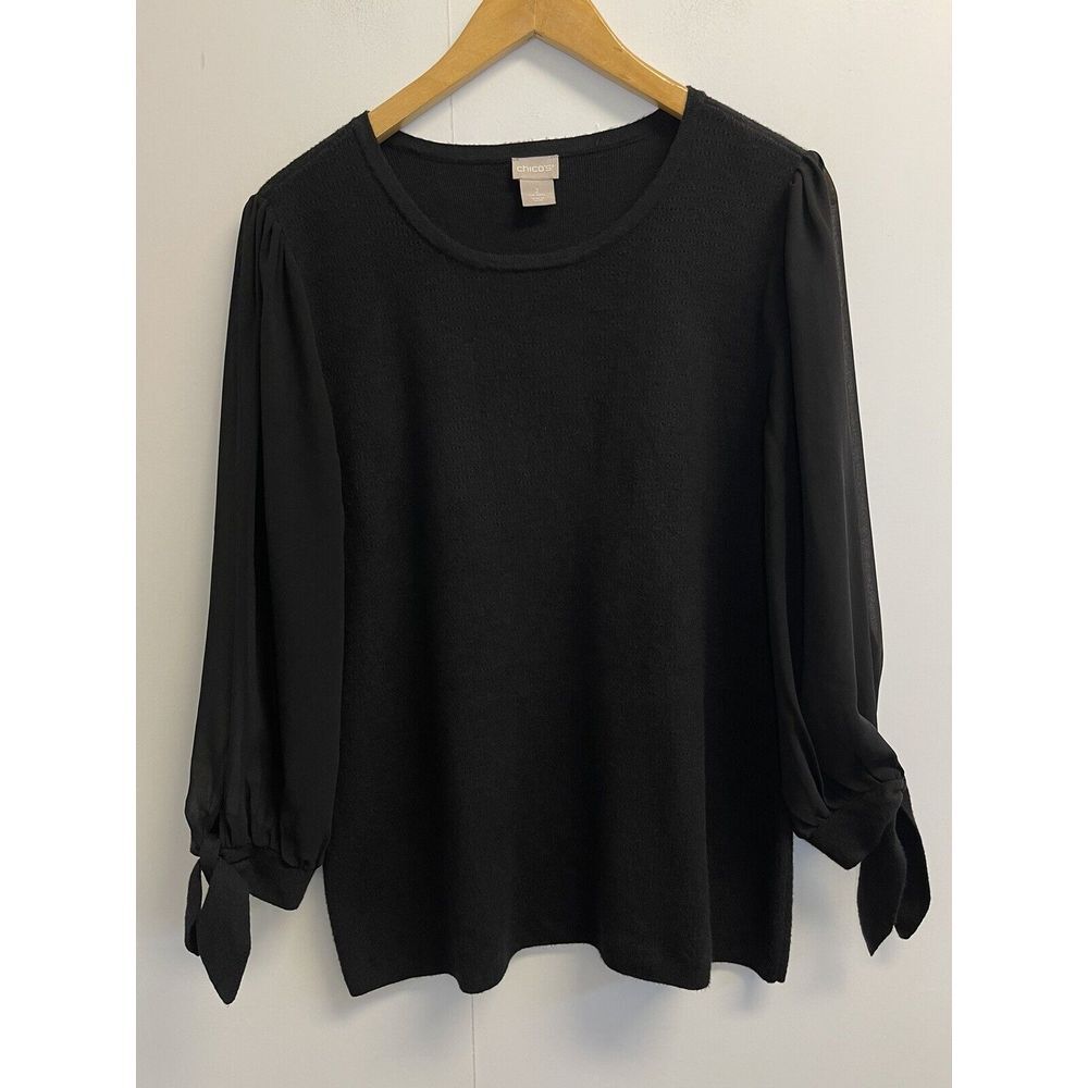 Chico's Women's 2/L Knit-Woven Sheer Tie Sleeve Pullover Sweater Black